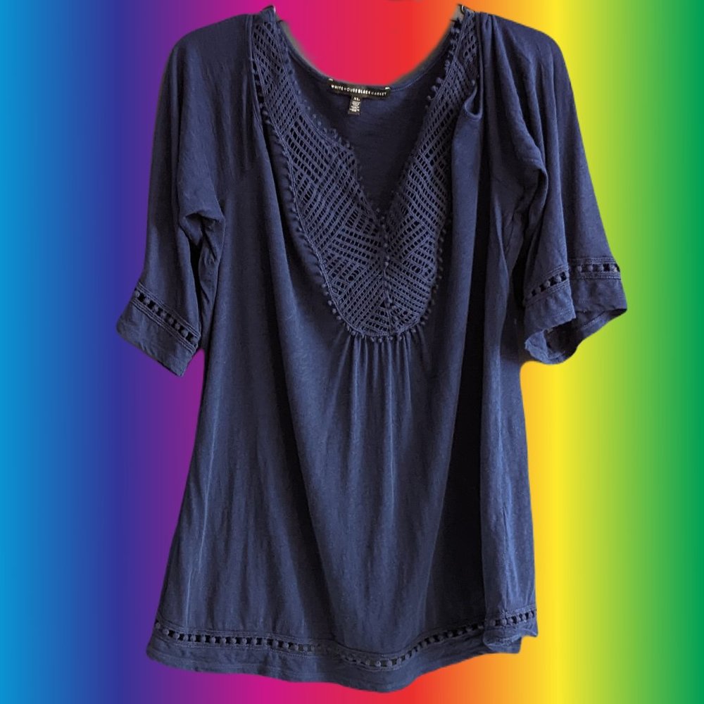 White House Black Market -- Blue Top with Crochet Collar -- XL